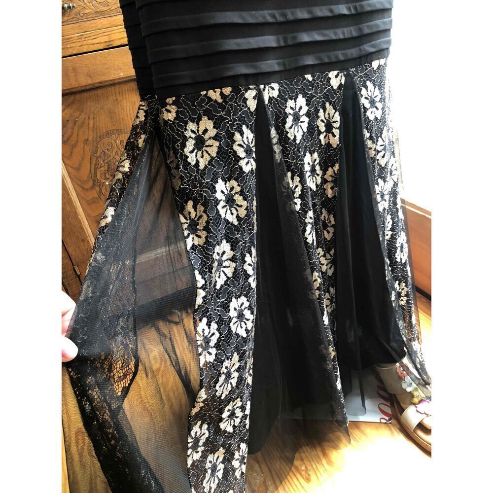Candolite Black Gold Lace Overlay Maxi Evening Dress Trumpet Hem  Large - Picture 5 of 15